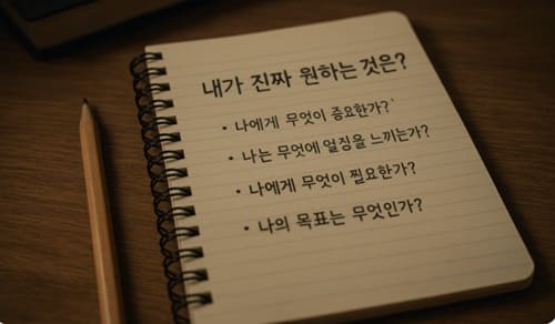 책상에 연펼과 노트가 놓여있다. 내가 진짜 원하는 것은? 이라는 글제목과 5단계 질문을 써내려가는 글씨가 써져 있는 노트 이미지