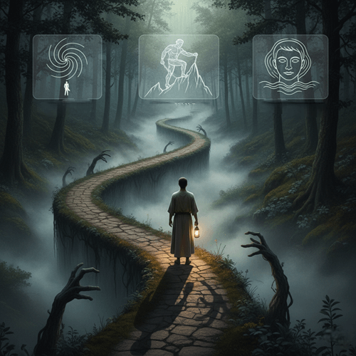 안개 낀 숲길을 걷는 사람의 뒷모습. 길 양옆에는 두려움을 상징하는 손들이 뻗어 있고, 위에는 키에르케고르, 니체, 에픽테토스의 철학을 상징하는 아이콘이 떠 있다