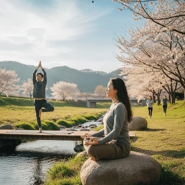 심신 수련 - 바위에 측면으로 가부좌상머리긴 여자 명상모습과 조그만 다리위에 요가자세 남성, 2명의 달리기를 하는 공원의 평화롭고 밝은 이미지