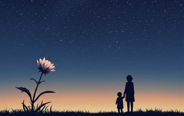 엄마 손을 잡고밤하늘 아래 피어난 한송이 커다란 분홍꽃과 별을 바라보고 있는 어린 자식의 모습. 부버의 '나와 너' 철학이 투영된 가족관계의 상징적 그림. 키워드: 이기심과 희생의 딜레마