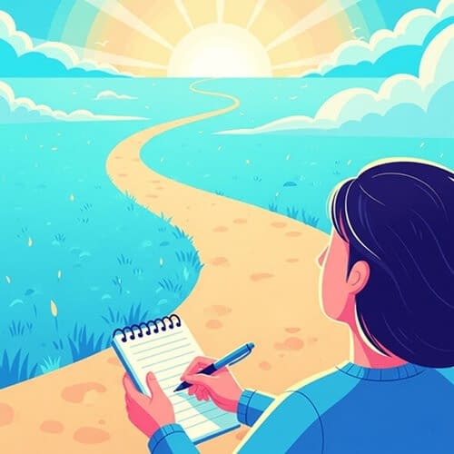 삶의 의미를 찾아 3년 프로젝트 성찰의 여정 멀리 황금빛 태양이 보이고 노트와 펜을 든 여자