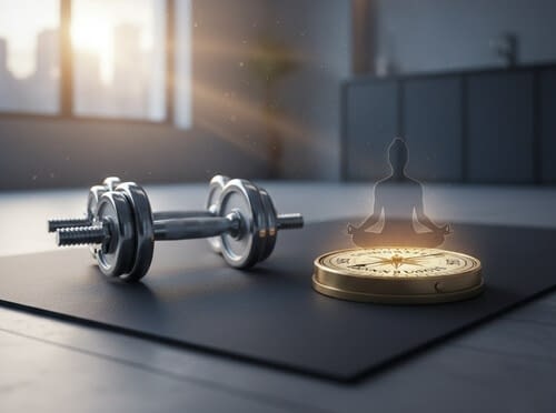 덤벨과 명상 자세 아이콘, 나침반 이미지가 균형을 보여주듯 놓여있다. 평안의 기도 -멘탈 피트니스 심신 수련