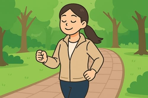 공원산책로에서 조용히 명상하는 듯한 풍경, 걷기 운동을 하며 심신 수련 -머리묶은 여자 만화이미지