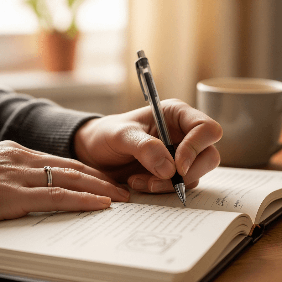 한 사람이 펜으로 글을 쓰고 있는 모습을 가까이서 촬영한 사진. 따뜻한 빛이 비추는 아늑한 공간에서 생각에 잠긴 듯 조용히 성장기록하는 손의 모습이 담겨 있다.